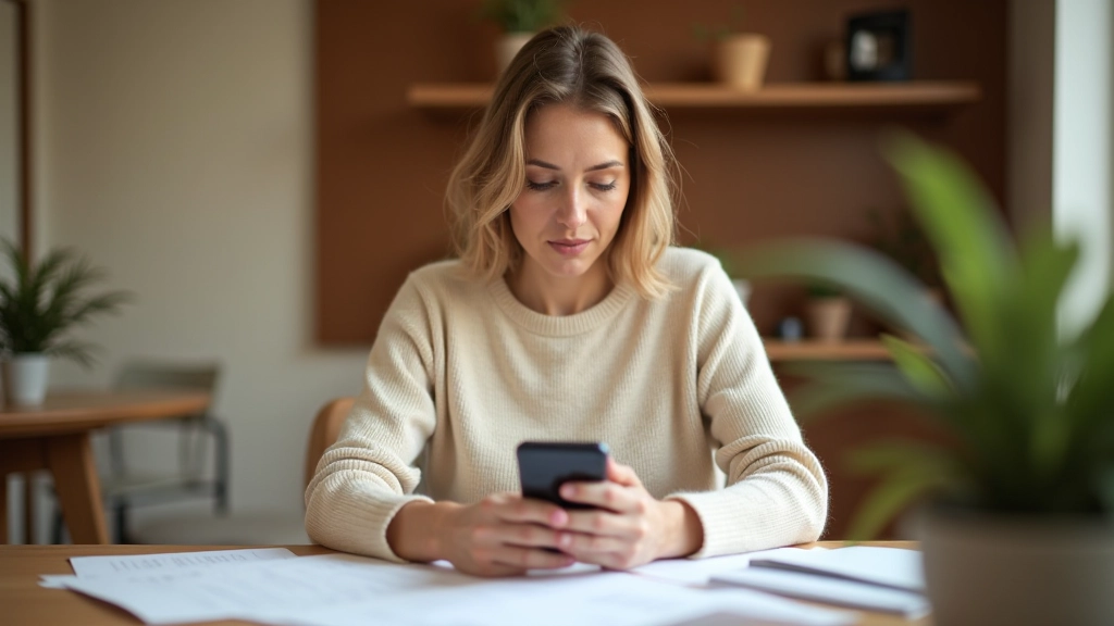Žena sjedi pri stolu i čita dokumente s mobitelom u ruci